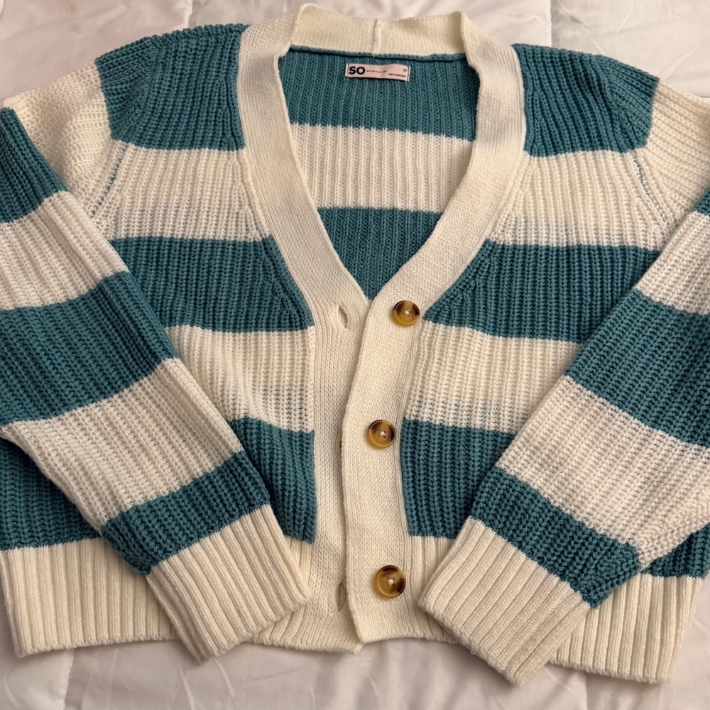 SO Teal & Cream Striped Chunky Knit Cardigan